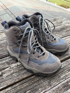 L.L. Bean Gray Suede Blue Textile Lace Up Ankle Hiking Boots Gorp Sz 7M